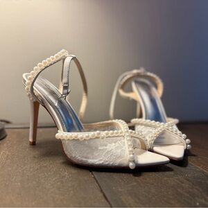 Elegant White Pearl-Embellished Stilettos - 9.5 3” heel